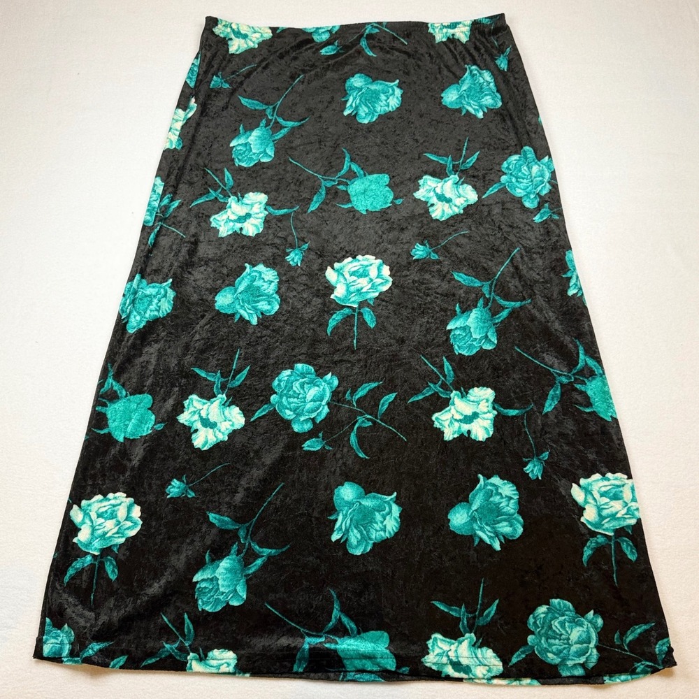 Vintage New Moves Teal Floral Velvet Maxi Skirt Black Green Rose 18.5 USA Made